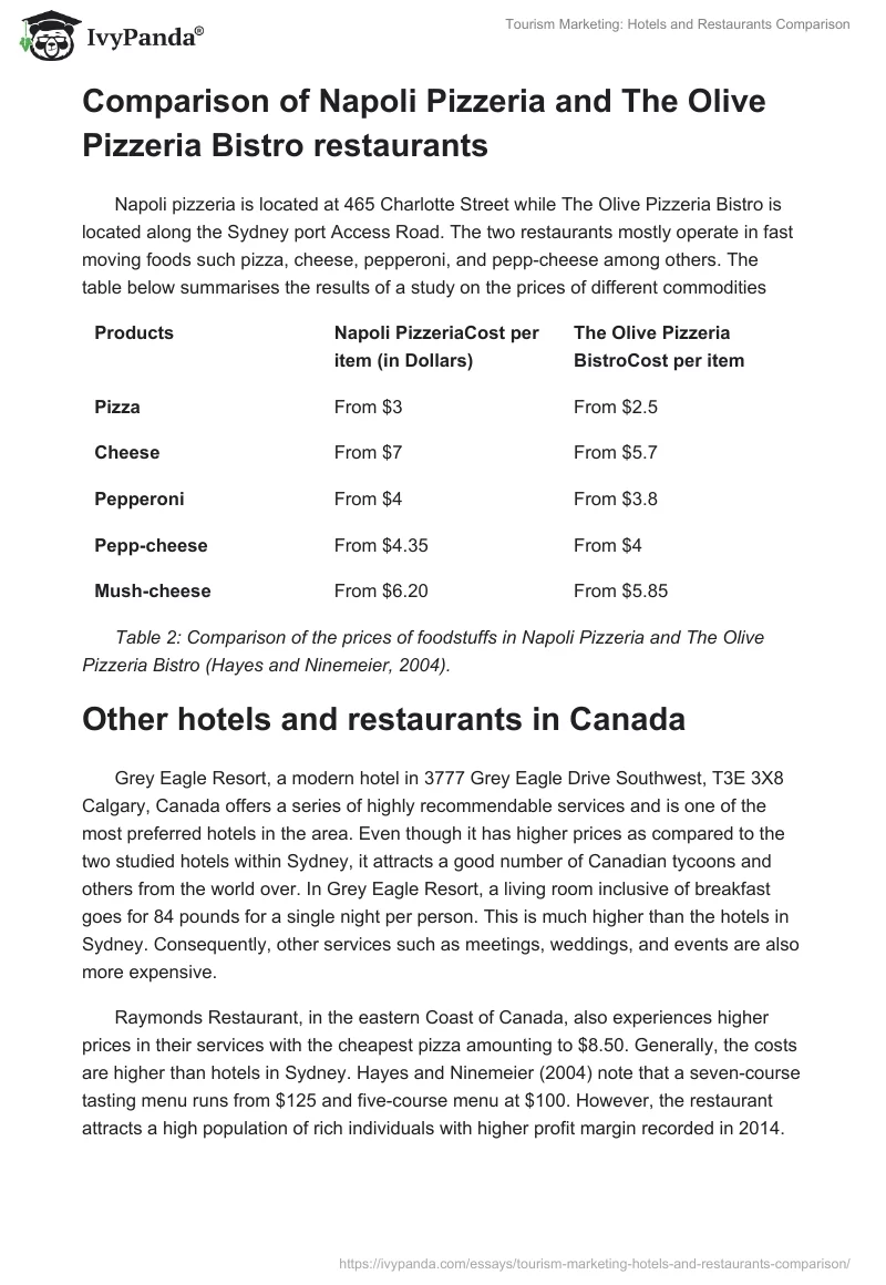 Tourism Marketing: Hotels and Restaurants Comparison. Page 2