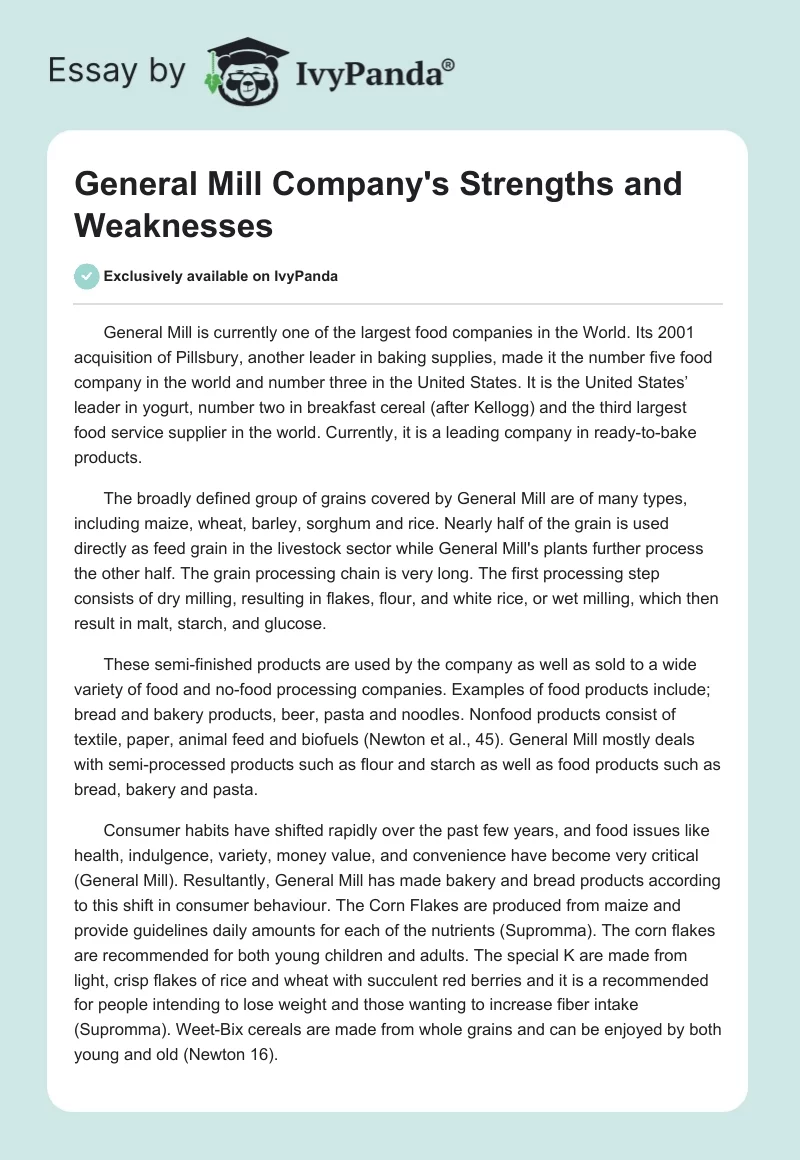 General Mill Company's Strengths and Weaknesses. Page 1