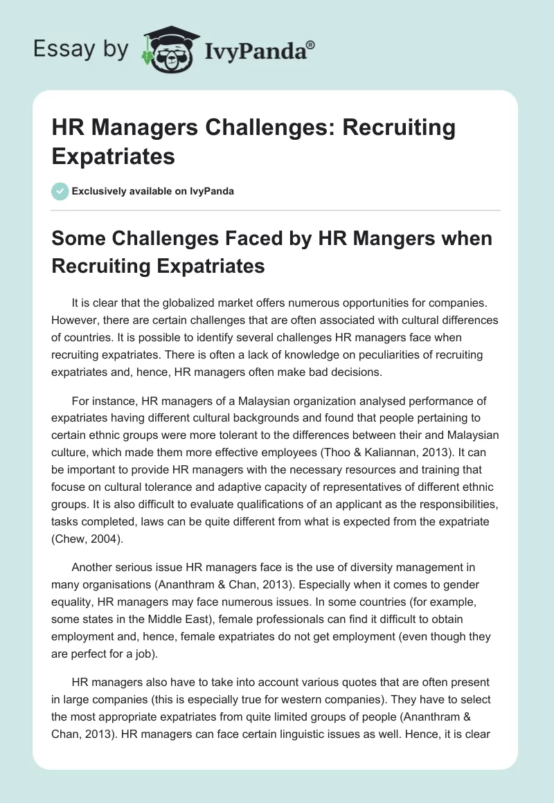 HR Managers Challenges: Recruiting Expatriates. Page 1