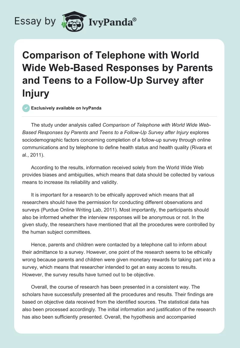Comparison of Telephone with World Wide Web-Based Responses by Parents and Teens to a Follow-Up Survey after Injury. Page 1