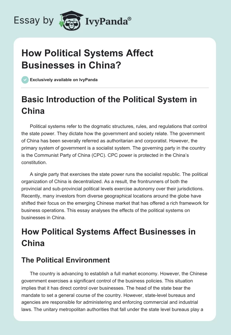 How Political Systems Affect Businesses in China?. Page 1