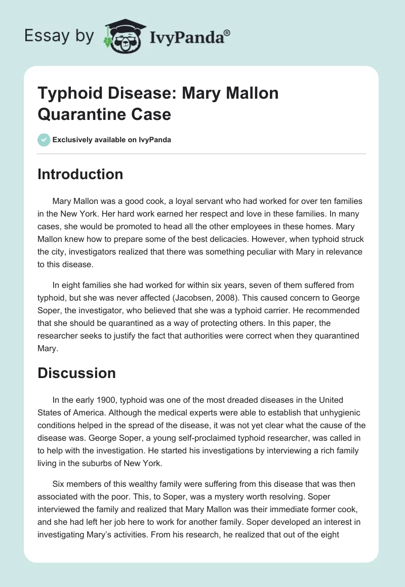 Typhoid Disease: Mary Mallon Quarantine Case. Page 1