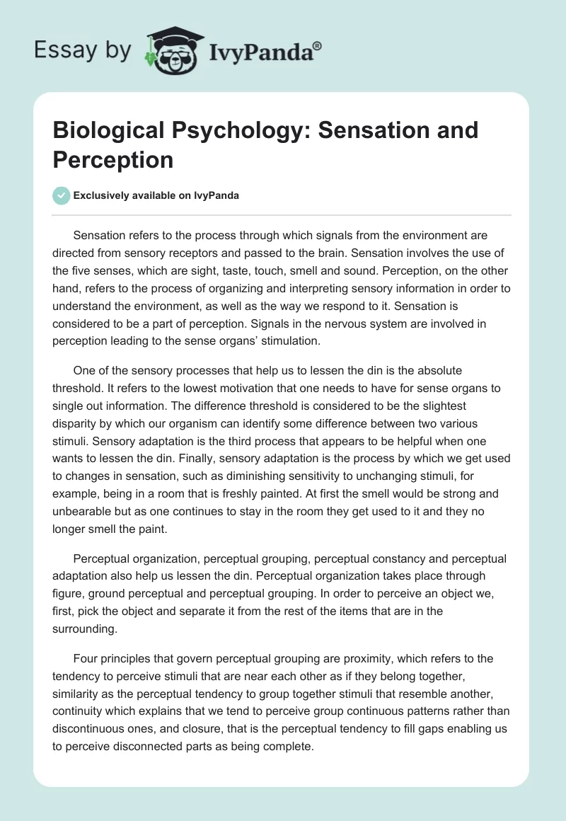 Biological Psychology: Sensation and Perception. Page 1