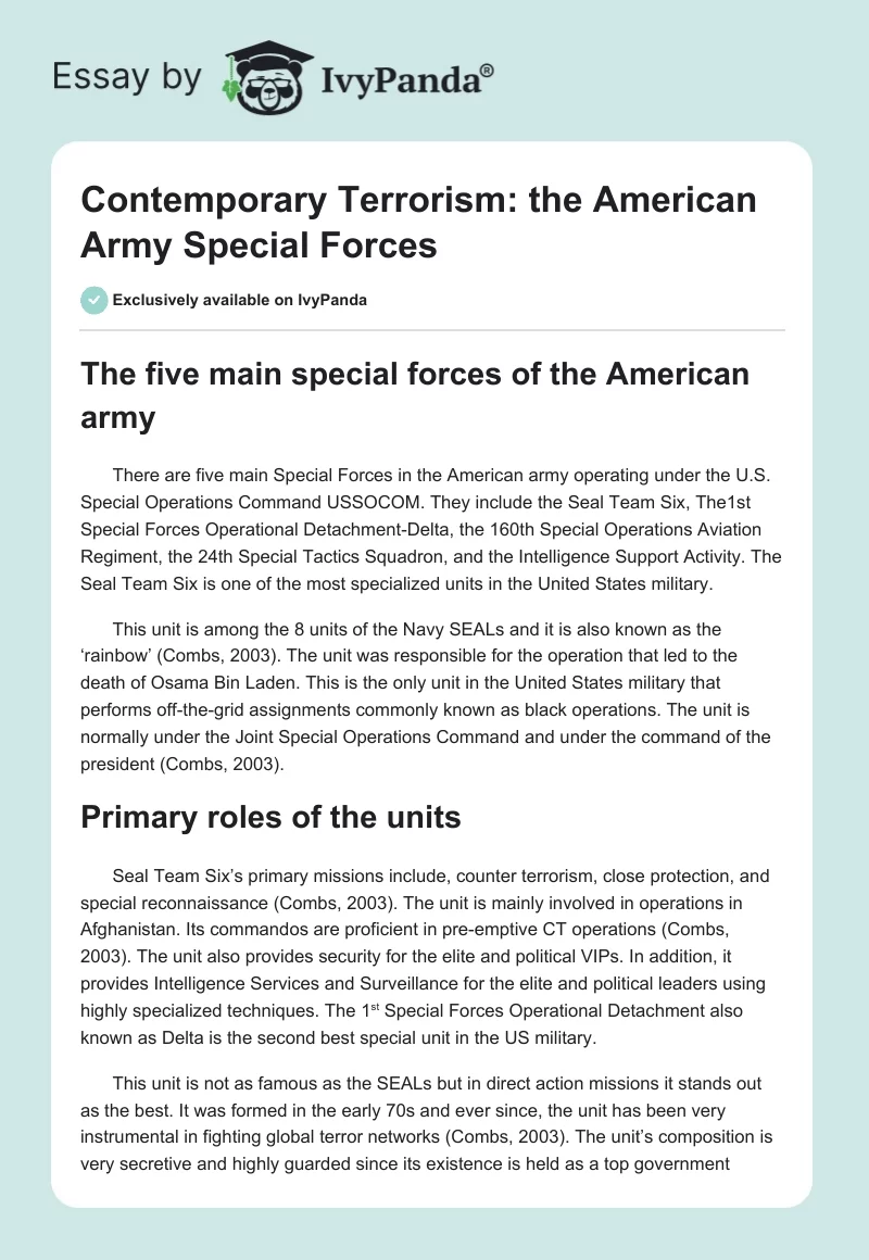 Contemporary Terrorism: The American Army Special Forces. Page 1