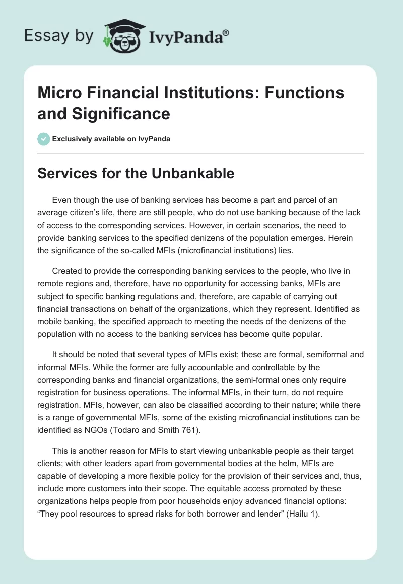 Micro Financial Institutions: Functions and Significance. Page 1