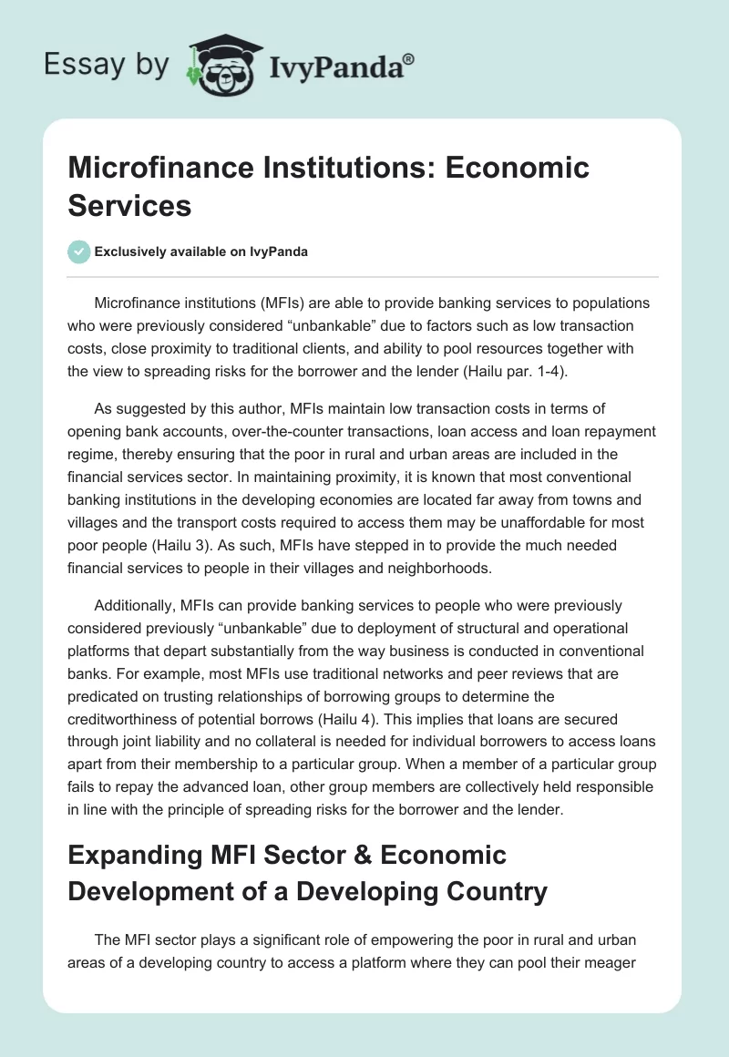 Microfinance Institutions: Economic Services. Page 1