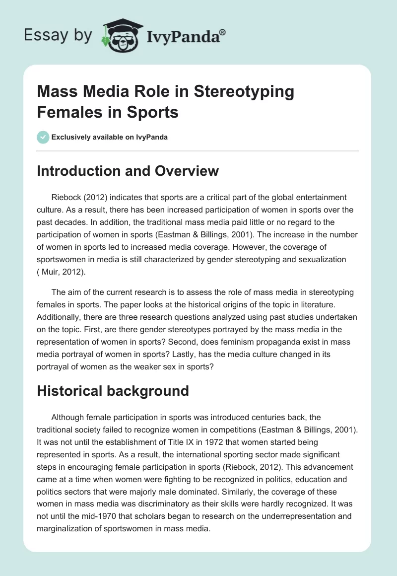 Mass Media Role in Stereotyping Females in Sports. Page 1