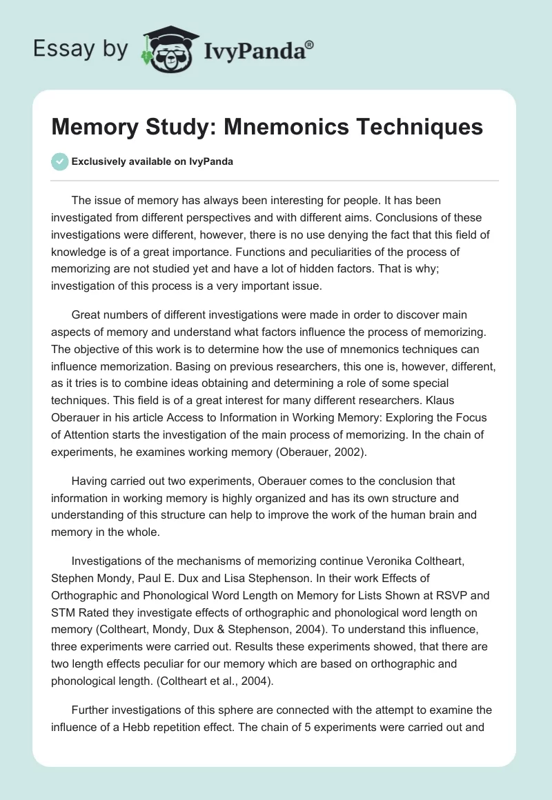 Memory Study: Mnemonics Techniques. Page 1