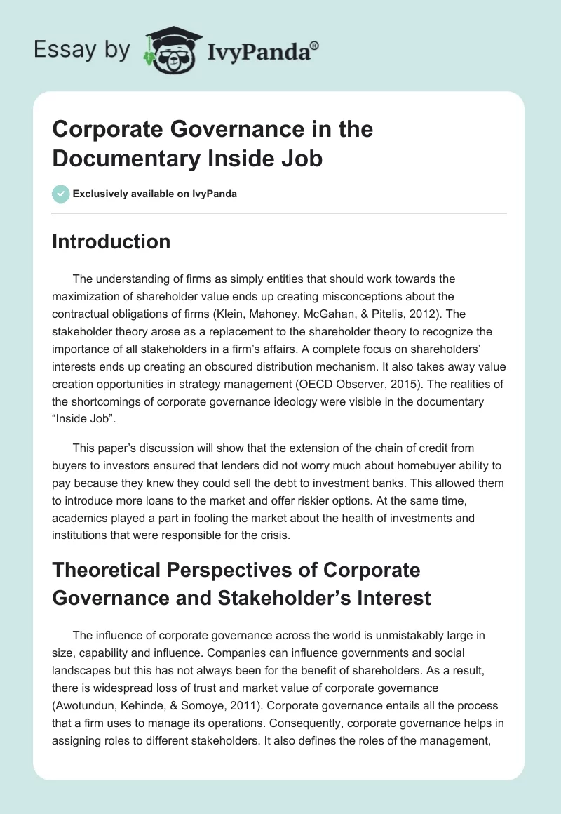 Corporate Governance in the Documentary "Inside Job". Page 1