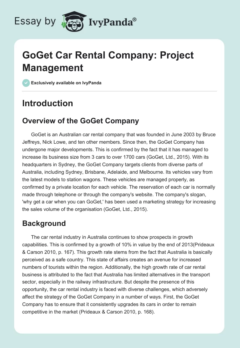 GoGet Car Rental Company: Project Management. Page 1