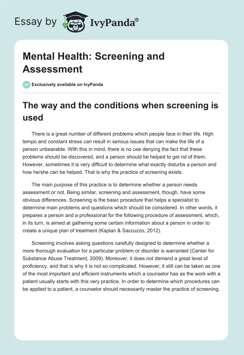 Mental Health: Screening and Assessment. Page 1