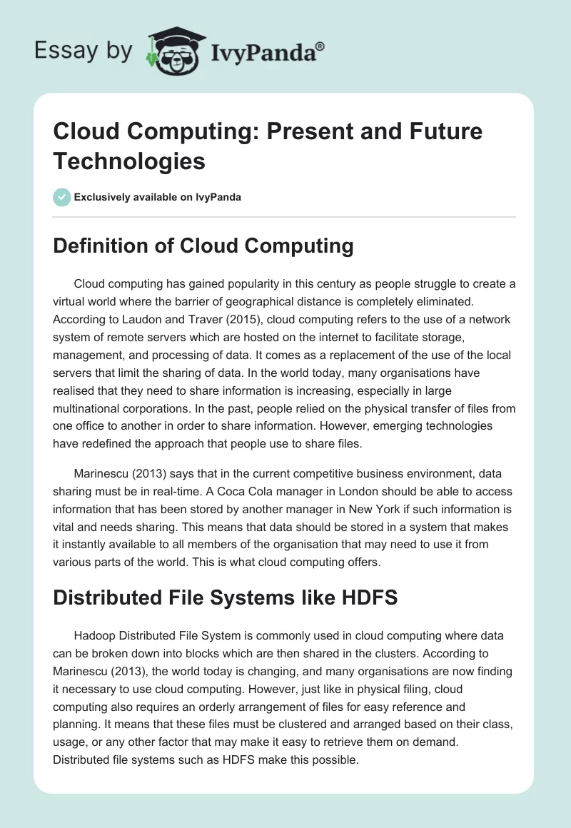 Cloud Computing: Present and Future Technologies. Page 1