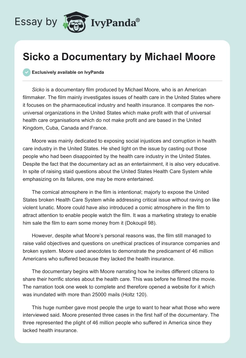 "Sicko" a Documentary by Michael Moore. Page 1