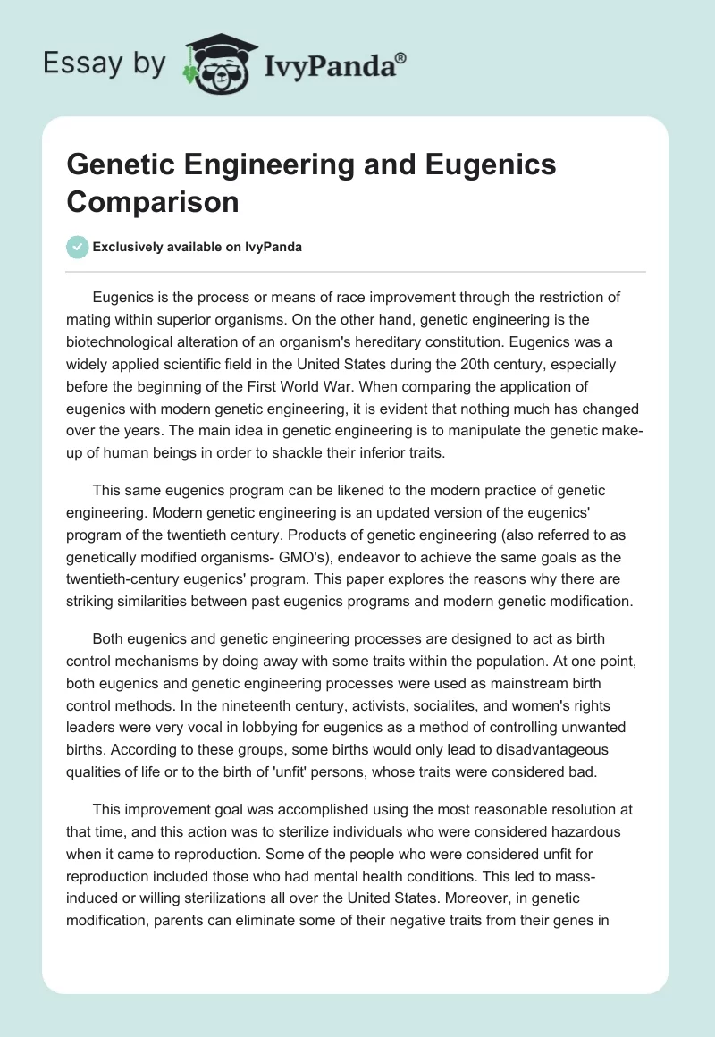 Genetic Engineering and Eugenics Comparison. Page 1
