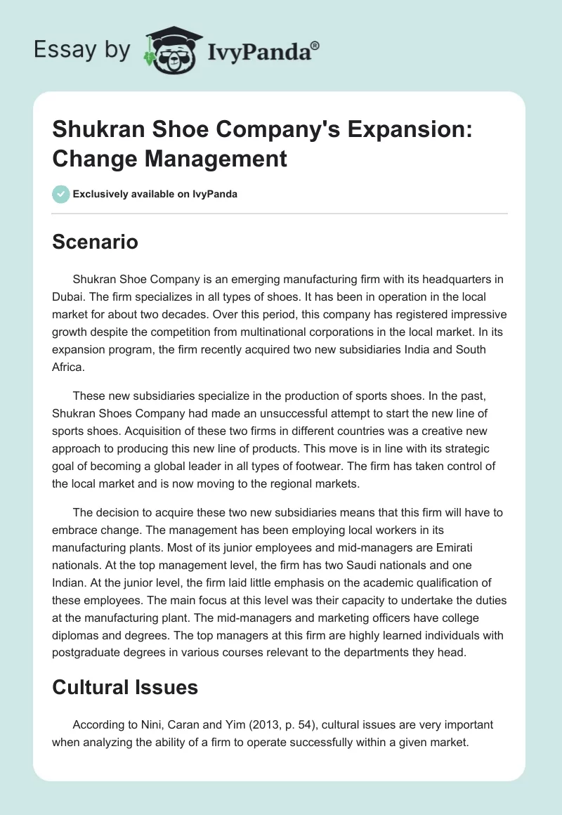 Shukran Shoe Company's Expansion: Change Management. Page 1