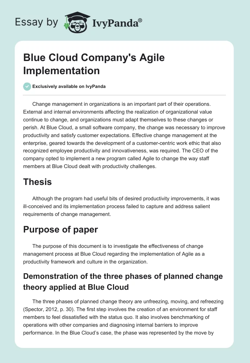 Blue Cloud Company's Agile Implementation. Page 1