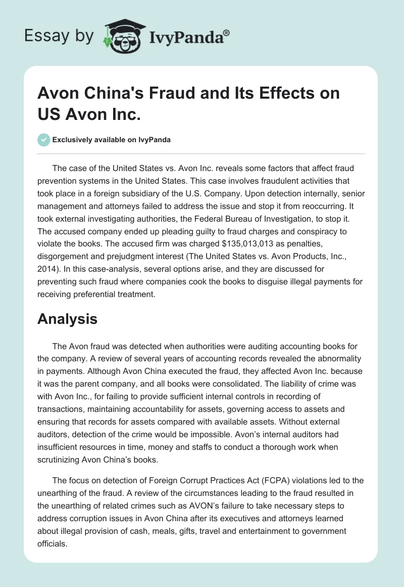 Avon China's Fraud and Its Effects on US Avon Inc.. Page 1