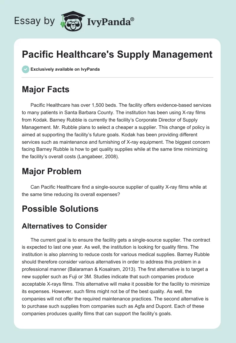 Pacific Healthcare's Supply Management. Page 1