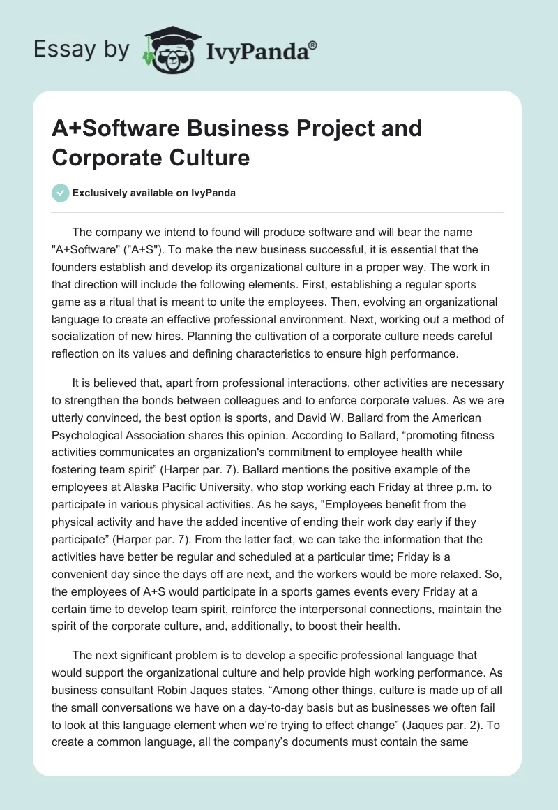 A+Software Business Project and Corporate Culture. Page 1