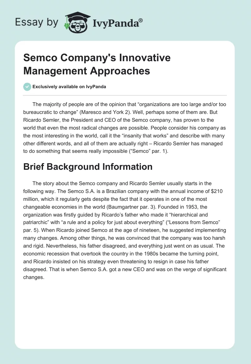 Semco Company's Innovative Management Approaches. Page 1