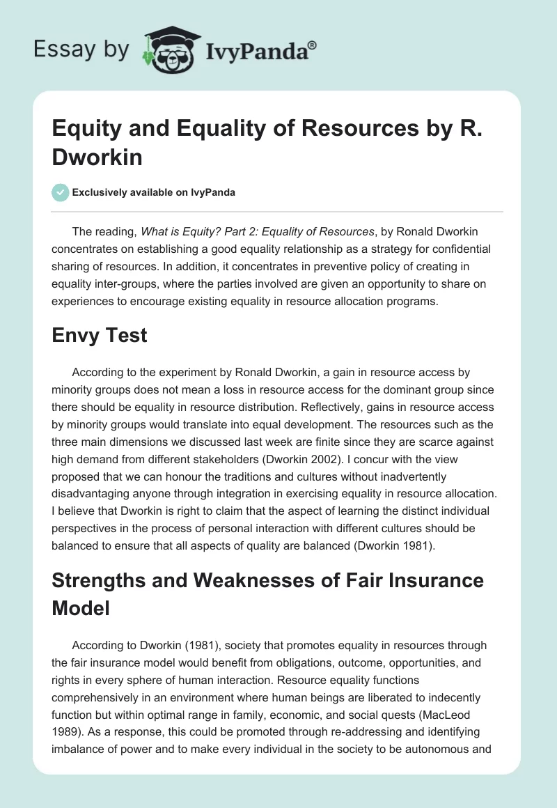 Equity and Equality of Resources by R. Dworkin. Page 1