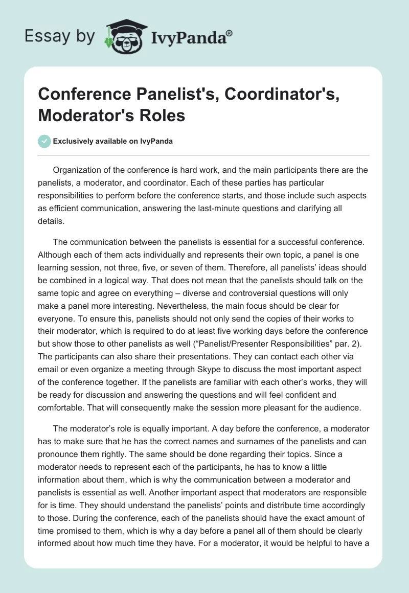Conference Panelist's, Coordinator's, Moderator's Roles. Page 1