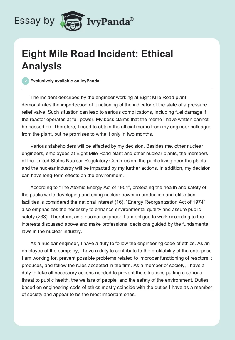 Eight Mile Road Incident: Ethical Analysis. Page 1