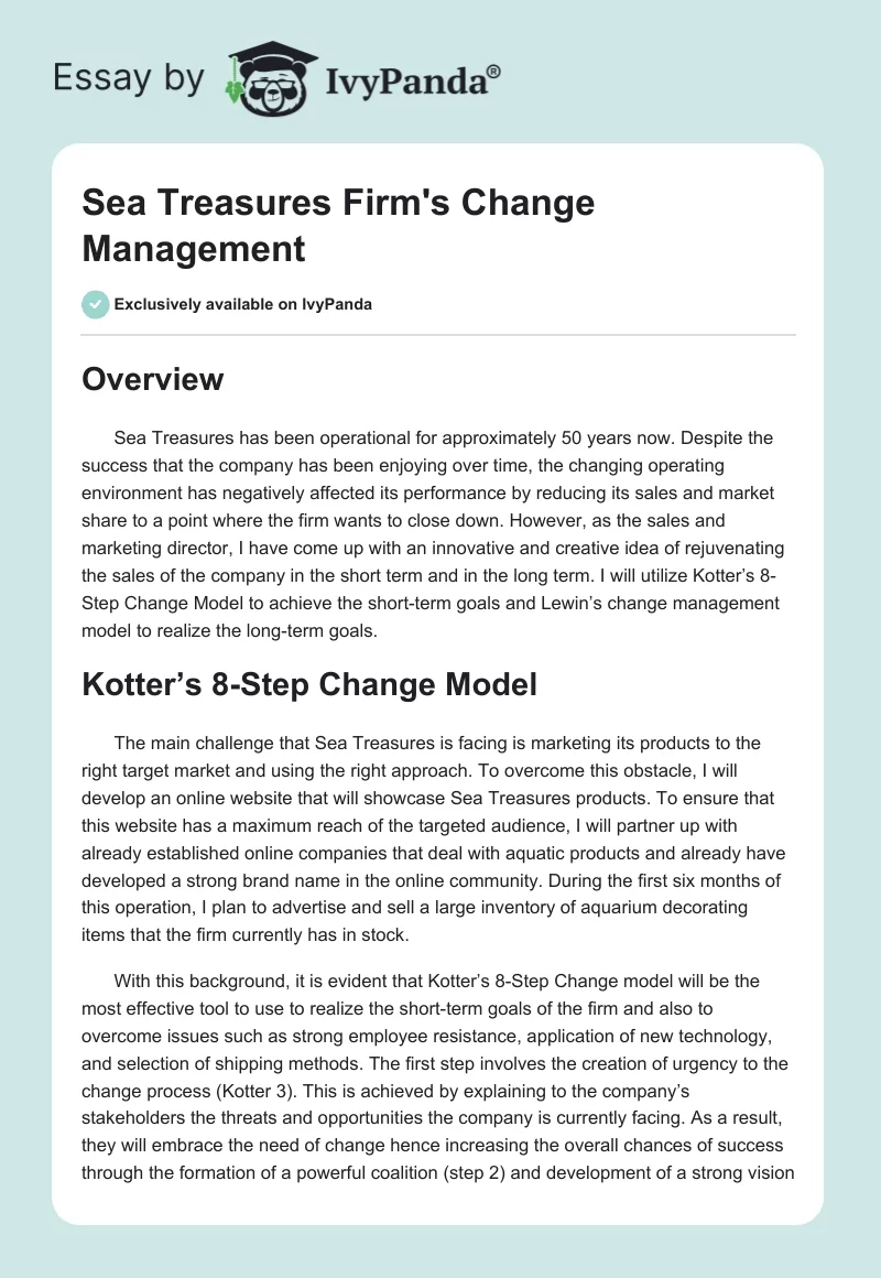 Sea Treasures Firm's Change Management. Page 1
