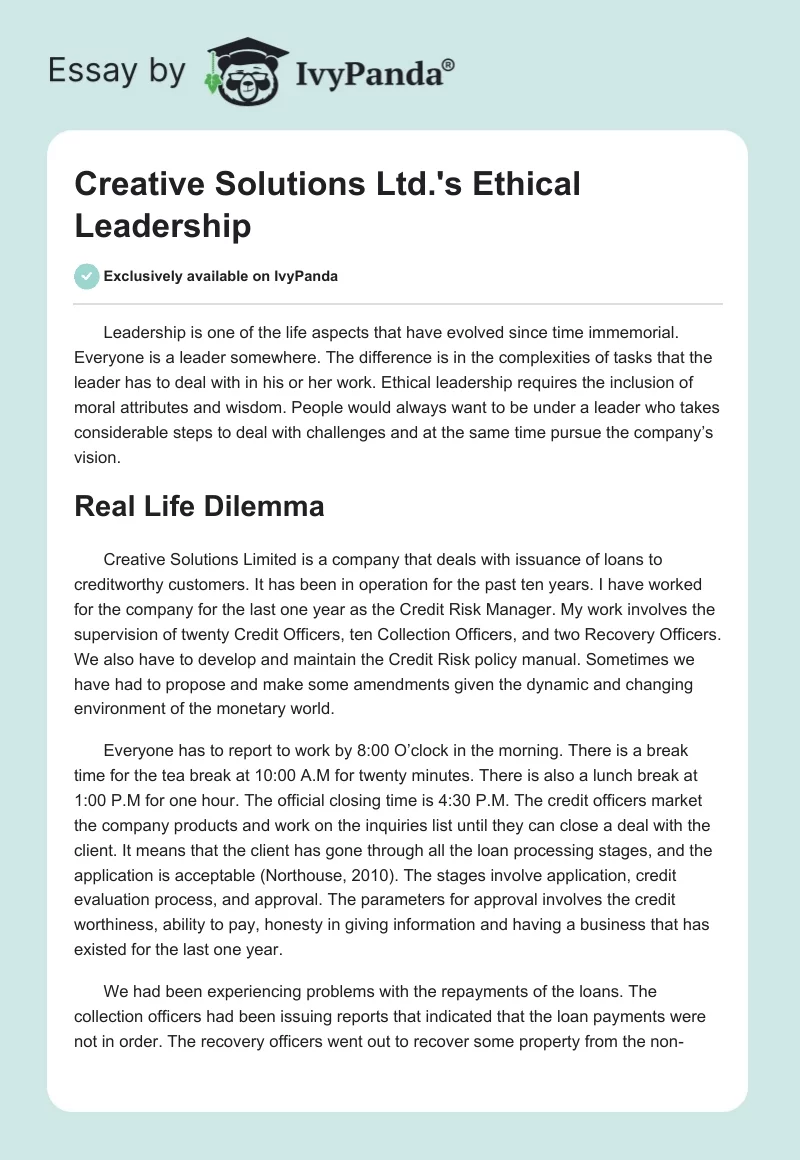 Creative Solutions Ltd.'s Ethical Leadership. Page 1