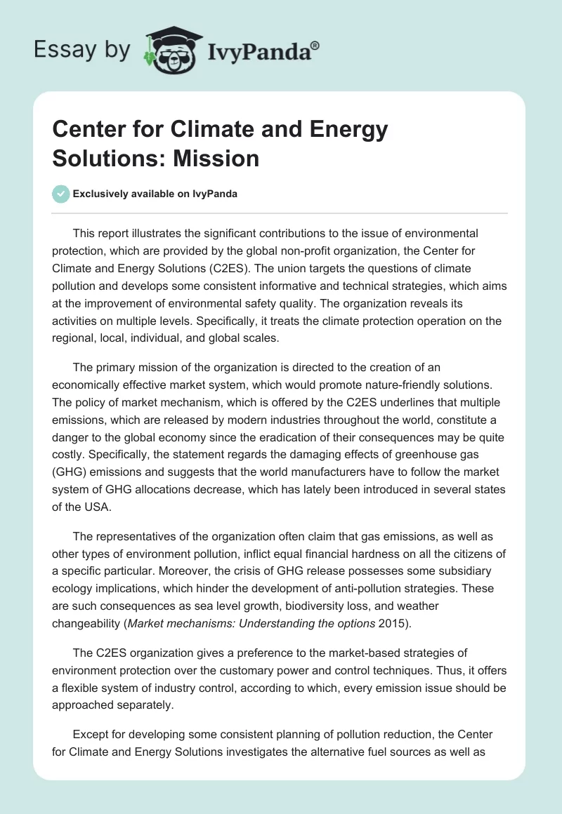 Center for Climate and Energy Solutions: Mission. Page 1
