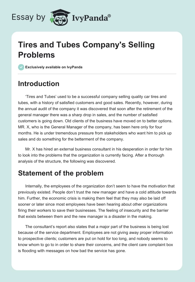 Tires and Tubes Company's Selling Problems. Page 1