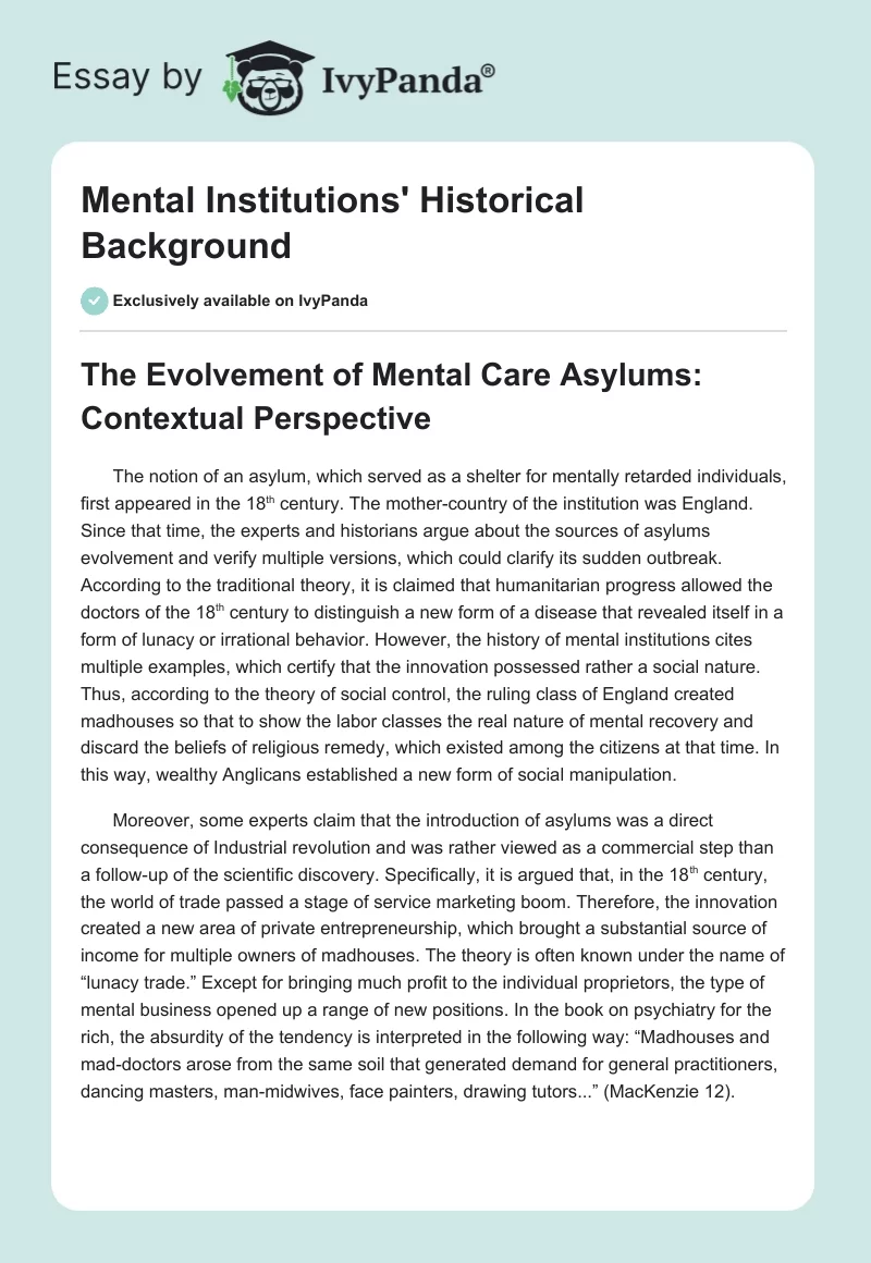 Mental Institutions' Historical Background. Page 1