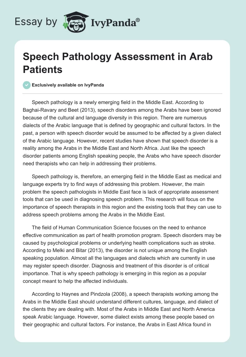 Speech Pathology Assessment in Arab Patients. Page 1