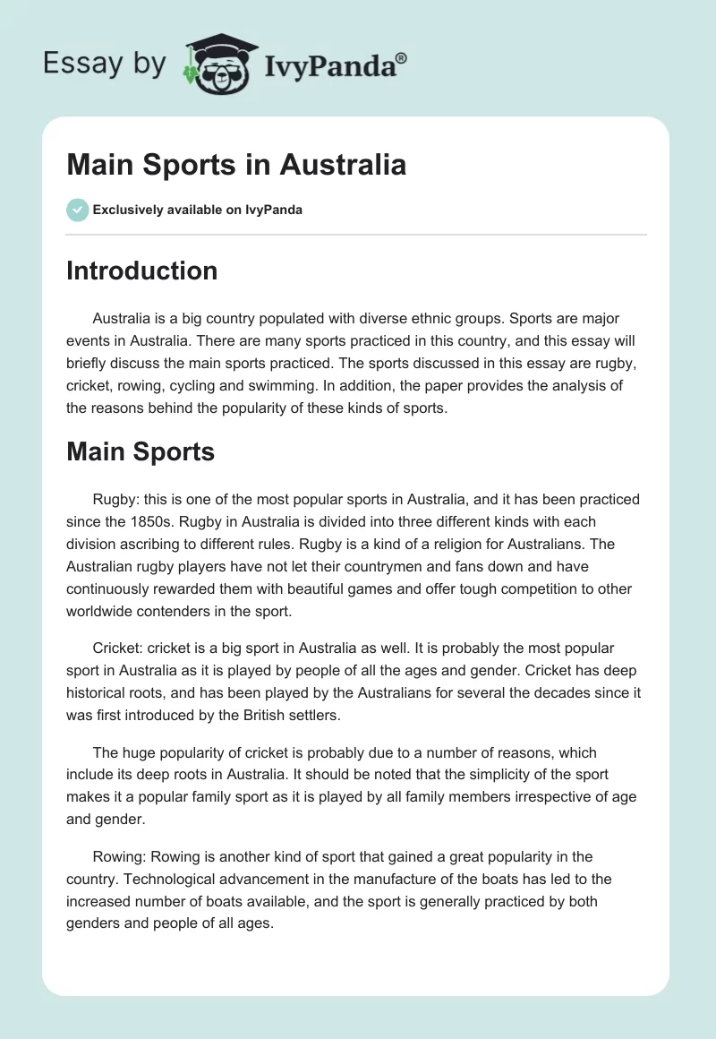 Main Sports in Australia. Page 1