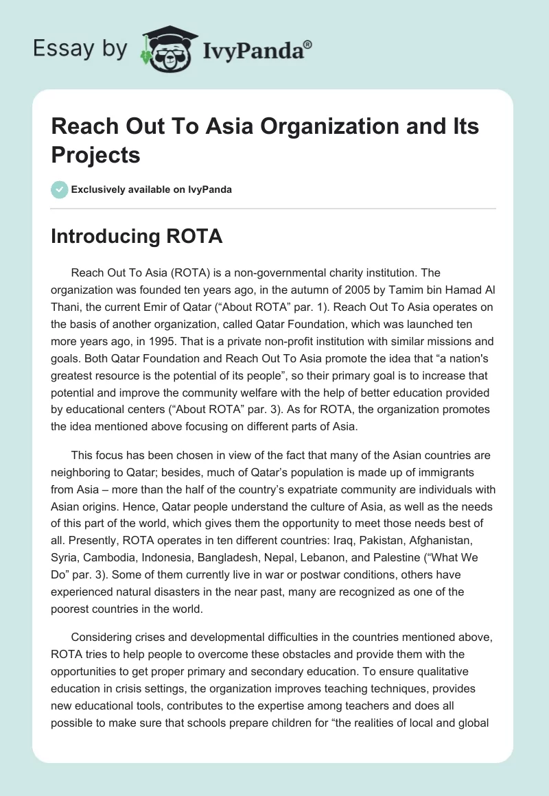 Reach Out To Asia Organization and Its Projects. Page 1