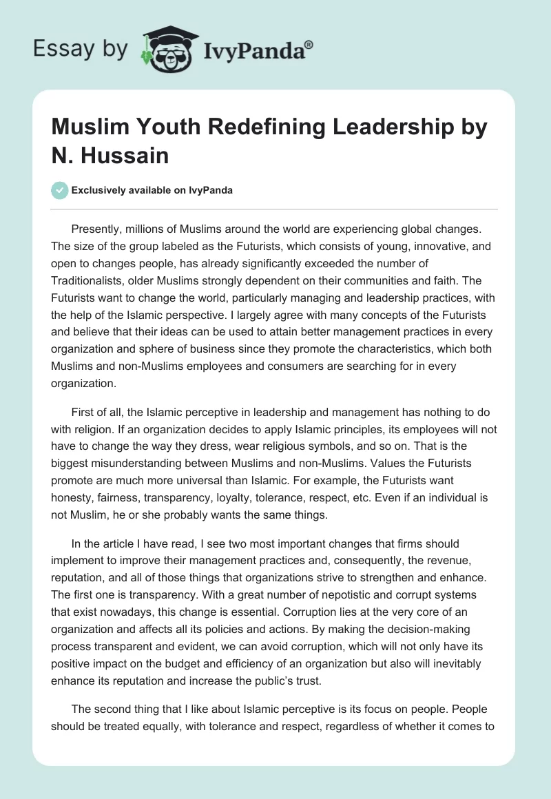 Muslim Youth Redefining Leadership by N. Hussain. Page 1