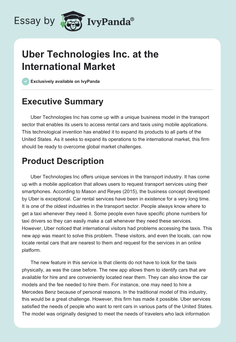 Uber Technologies Inc. at the International Market. Page 1