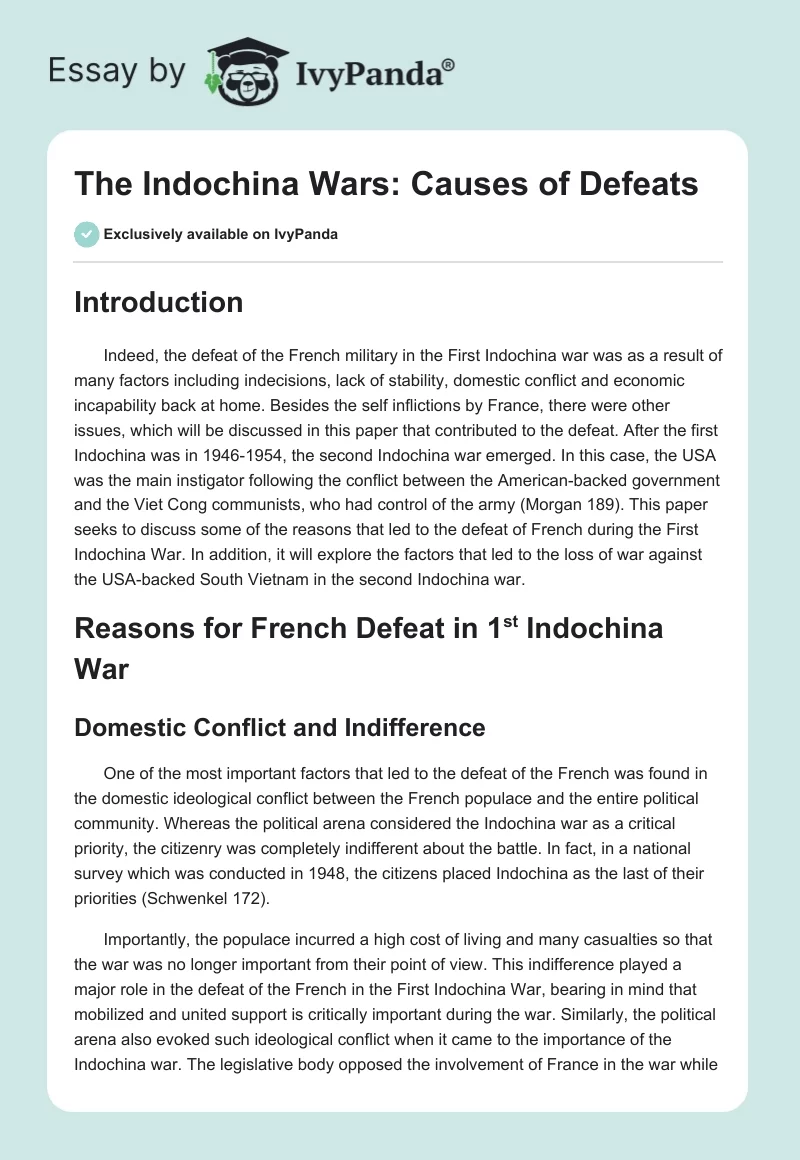 The Indochina Wars: Causes of Defeats. Page 1
