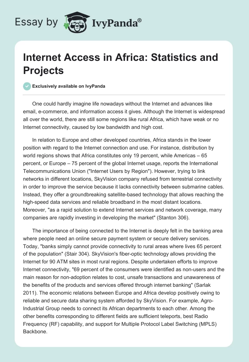 Internet Access in Africa: Statistics and Projects. Page 1
