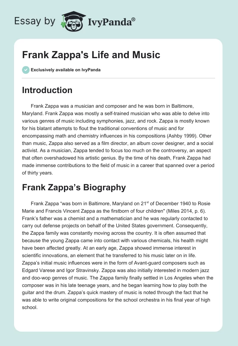 Frank Zappa's Life and Music. Page 1