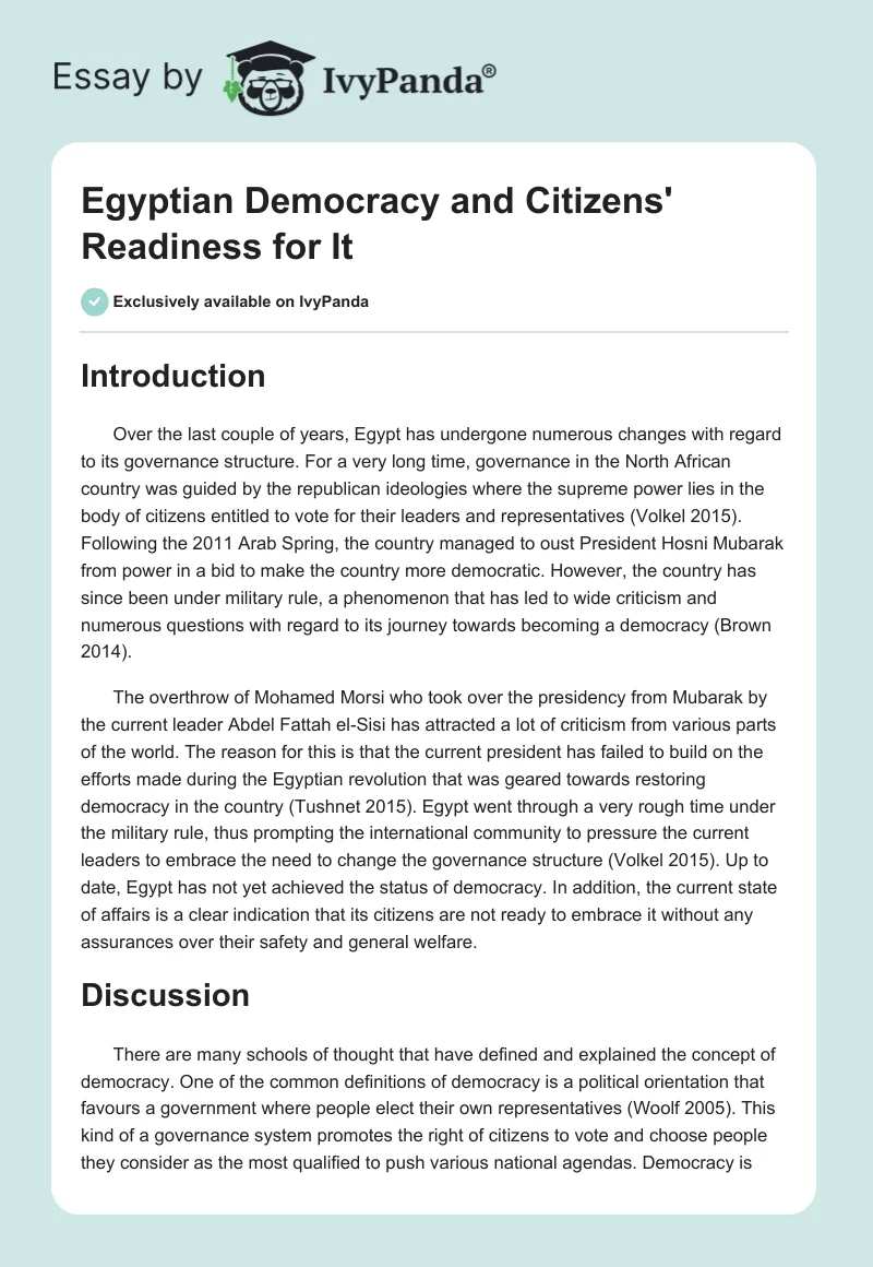 Egyptian Democracy and Citizens' Readiness for It. Page 1