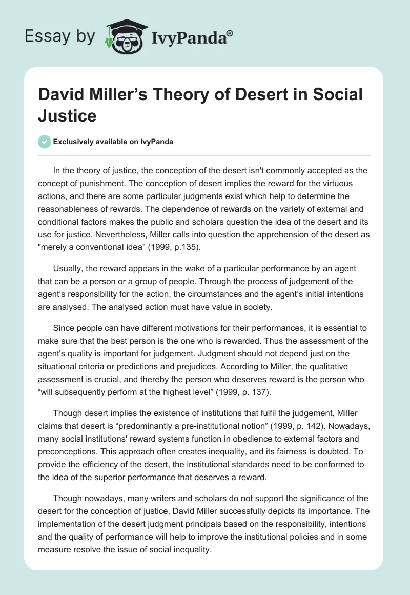 David Miller’s Theory of Desert in Social Justice. Page 1