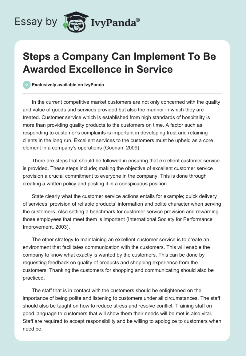 Steps a Company Can Implement To Be Awarded Excellence in Service. Page 1