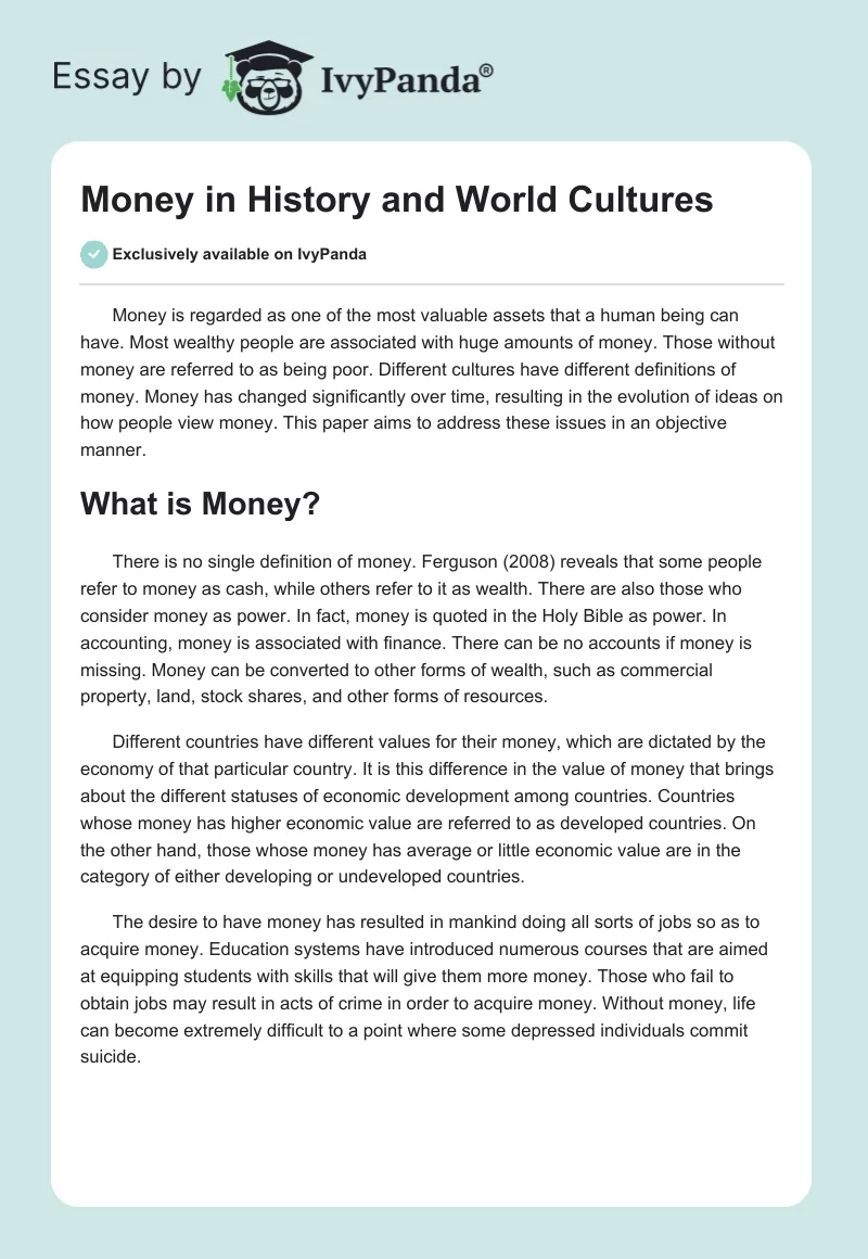 Money in History and World Cultures. Page 1
