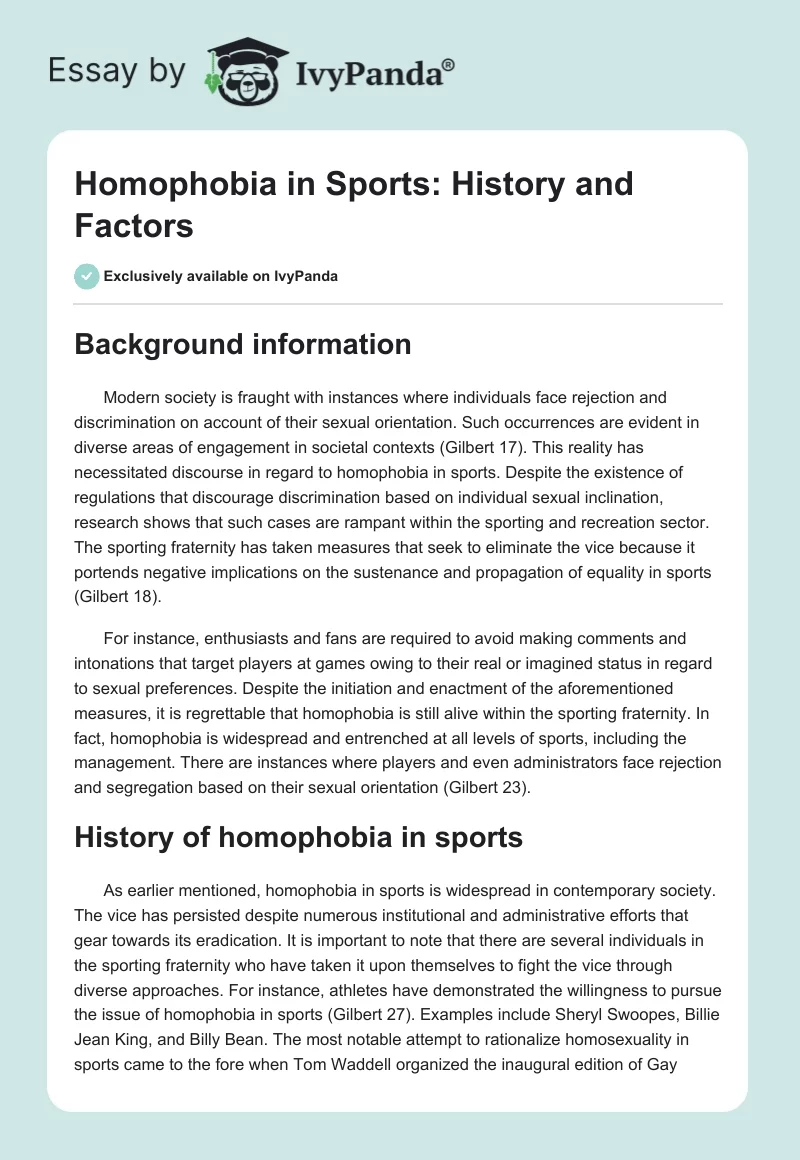 Homophobia in Sports: History and Factors. Page 1