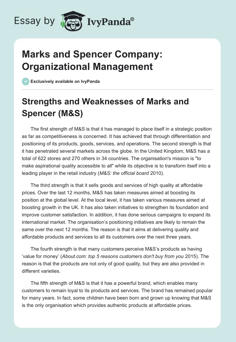 Marks and Spencer Company: Organizational Management. Page 1
