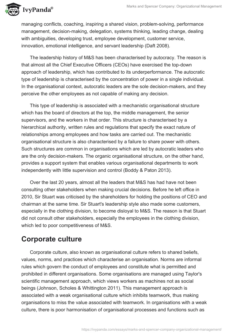 Marks and Spencer Company: Organizational Management. Page 3