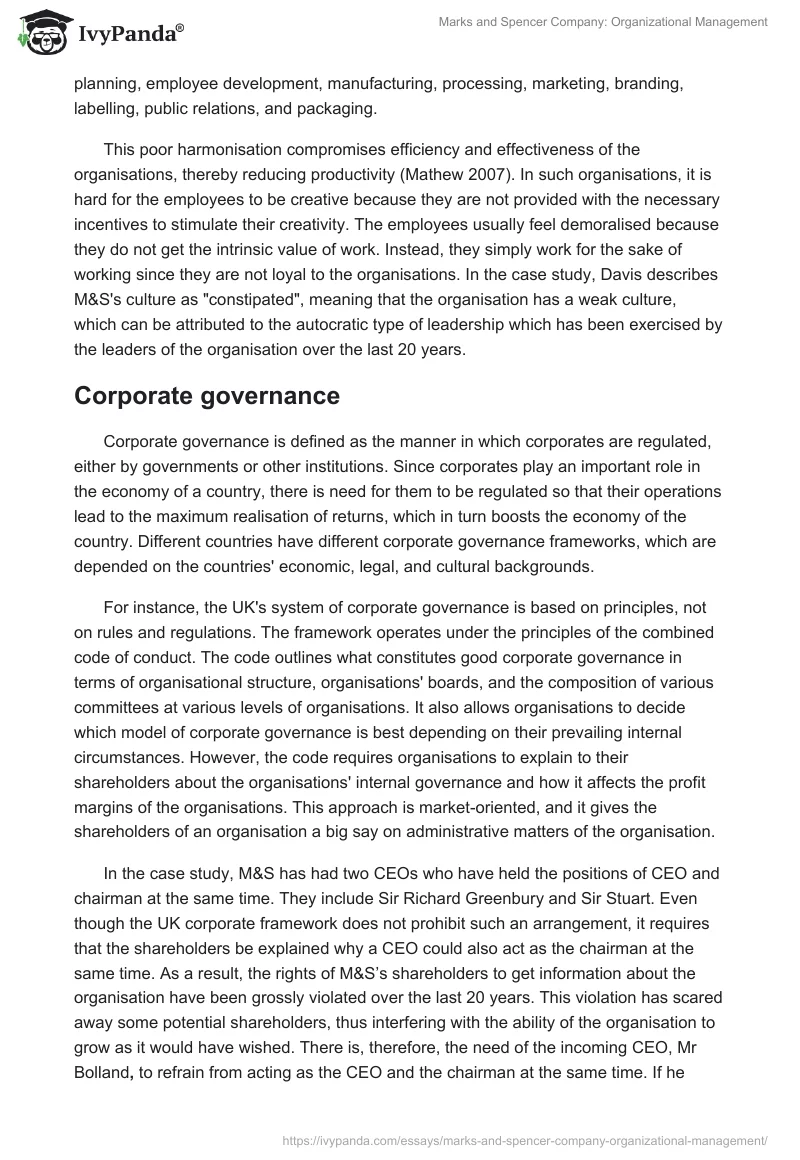 Marks and Spencer Company: Organizational Management. Page 4