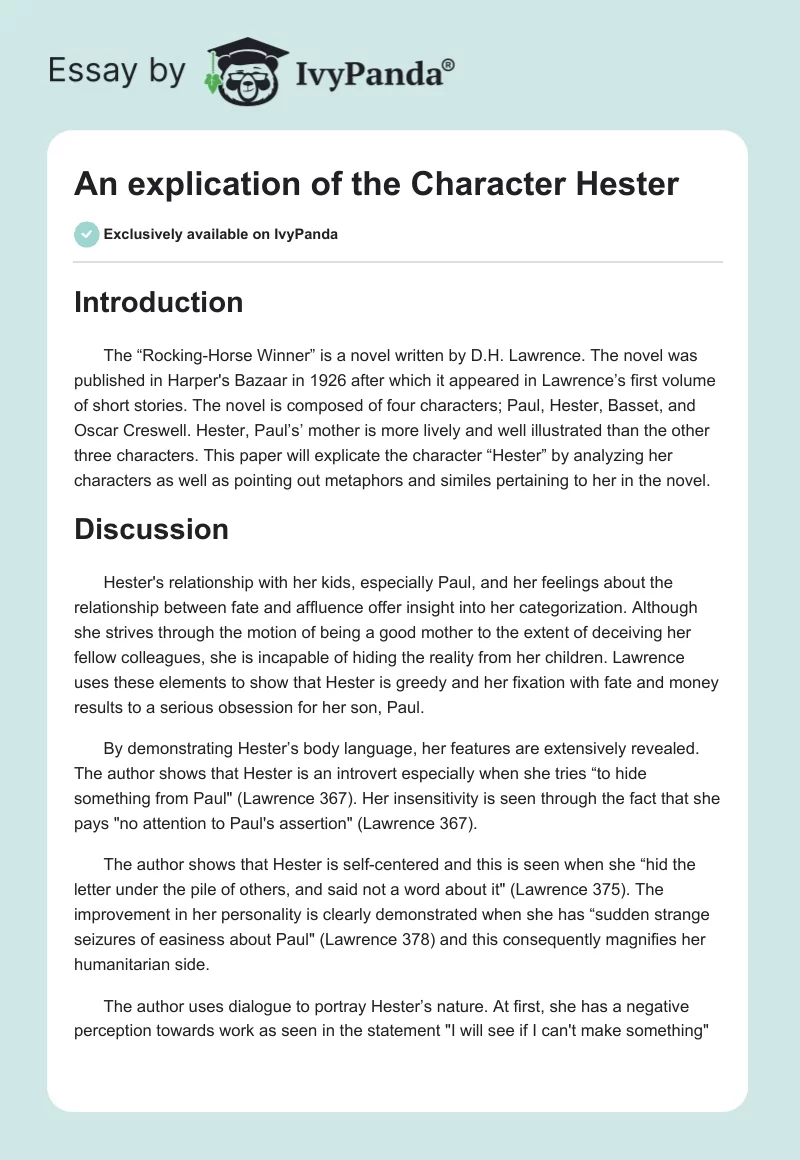 An explication of the Character "Hester". Page 1
