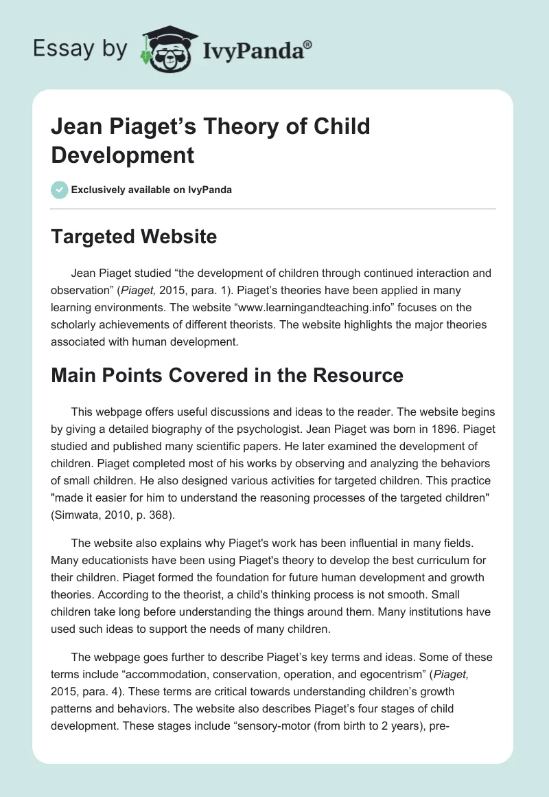 Jean Piaget’s Theory of Child Development. Page 1
